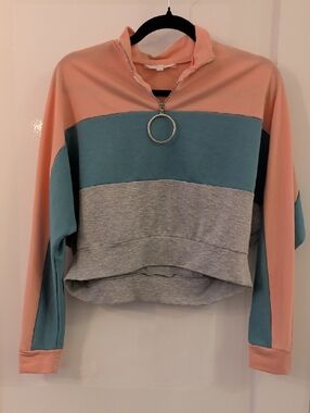Colourblock Half-Zip Pullover Peach Teal Grey Size S
